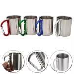 220ml stainless steel camping cup with a red carabiner handle.