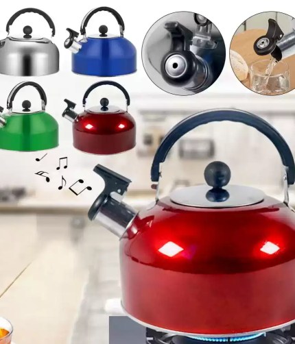 FJK Camping Gear whistling kettle steaming on a portable gas stove.