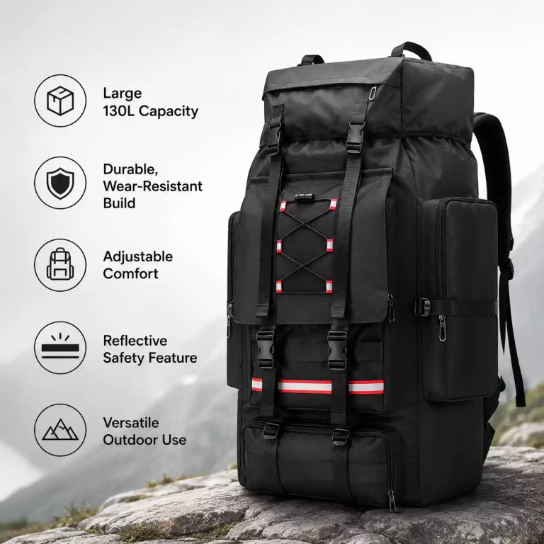 A large 130L black outdoor hiking backpack displaying multiple compartments, adjustable straps, and safety features.