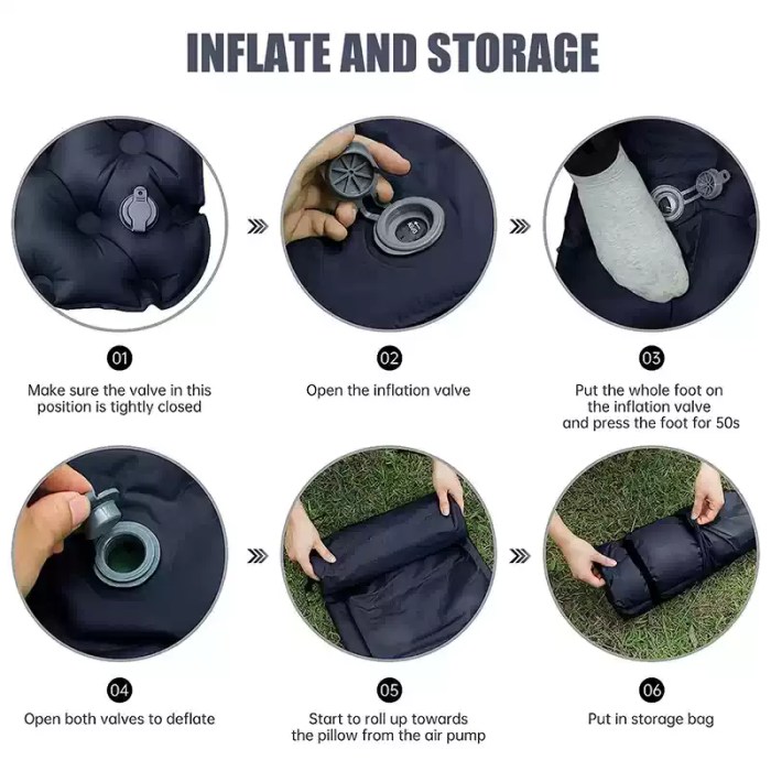Camping air mat with built-in pillow used during travel and fishing.