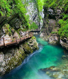A scenic view of a canyon with a turquoise river flowing through it, surrounded by lush greenery and a wooden walkway.