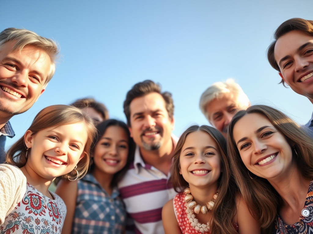 A cheerful group of adults and children posing together for a selfie outdoors, all smiling against a clear blue sky.