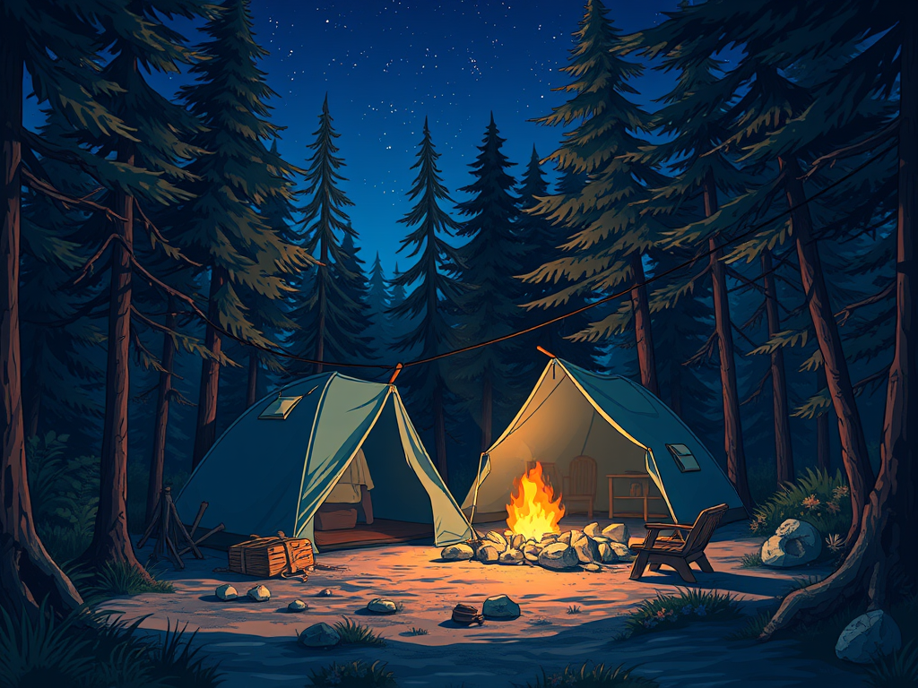 A serene camping scene at night, featuring two blue tents, a glowing campfire surrounded by rocks, and tall pine trees under a starry sky.