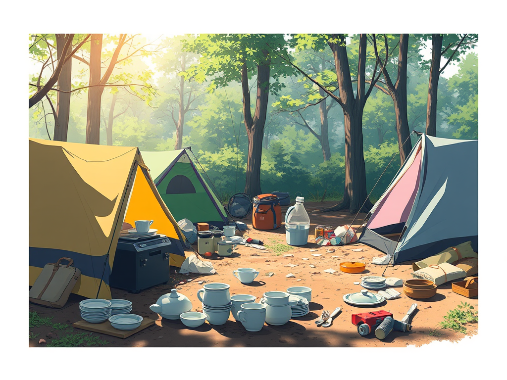 A campsite with two yellow and green tents surrounded by outdoor cooking equipment and scattered dishes. The area is sunny, with green trees in the background.