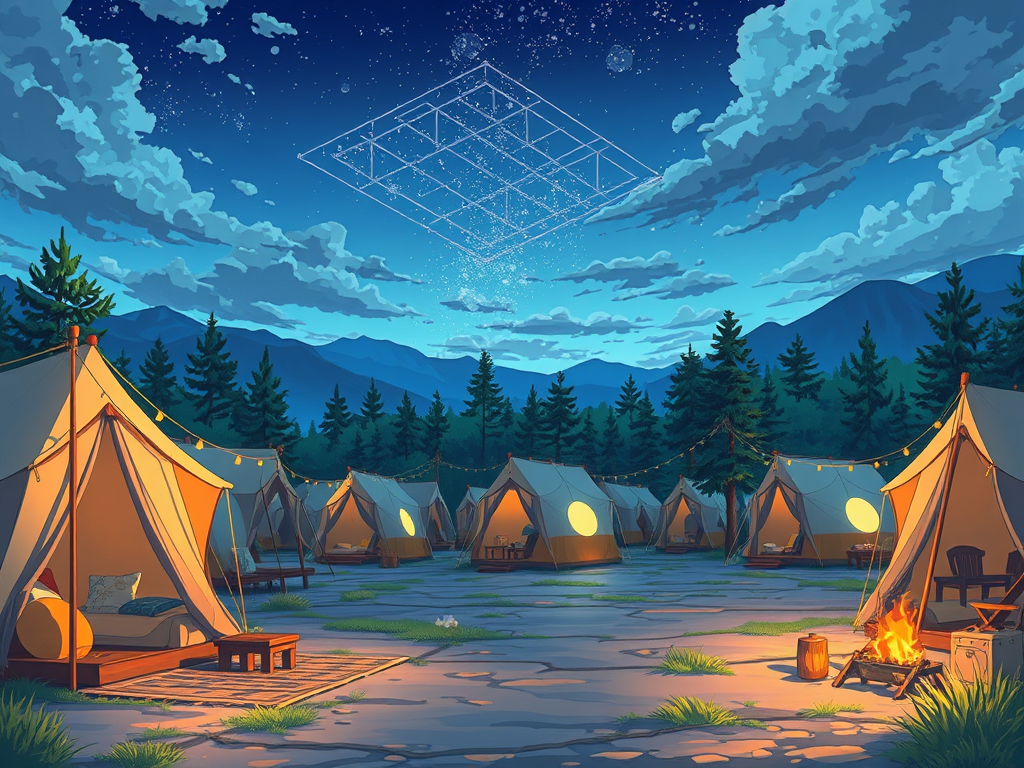 A picturesque glamping site featuring cozy tents with soft furnishings, surrounded by trees and mountains under a starlit sky.