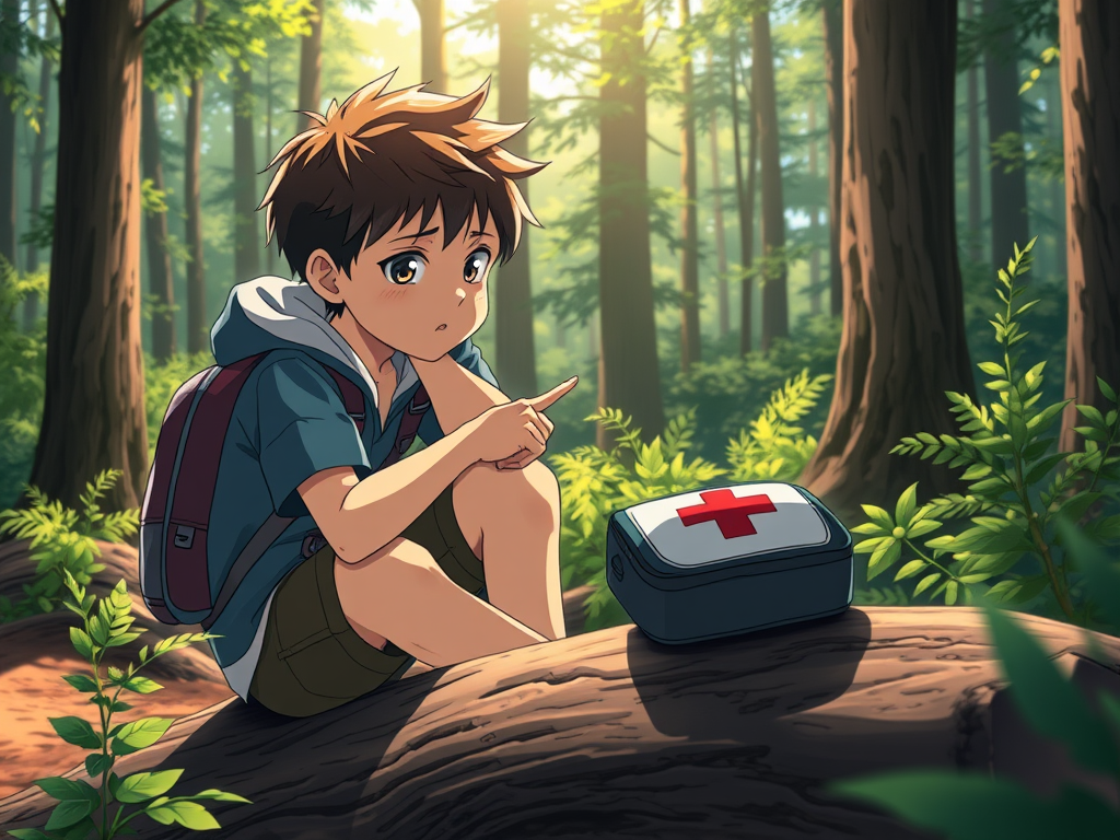 A young boy sitting on a log in a forest, looking thoughtful while pointing at a first aid kit beside him.