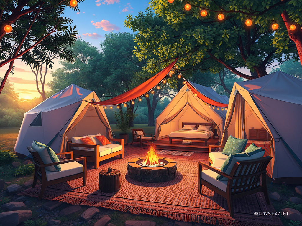 A cozy glamping setup featuring two large tents, a comfortable seating area with chairs, a fire pit, and decorative string lights, set in a serene outdoor environment during sunset.