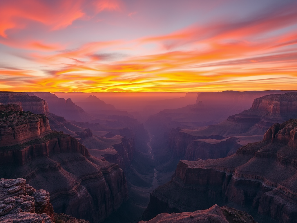 A stunning sunrise over the Grand Canyon, showcasing vibrant hues of orange, pink, and purple illuminating the canyon walls and the dramatic landscape.