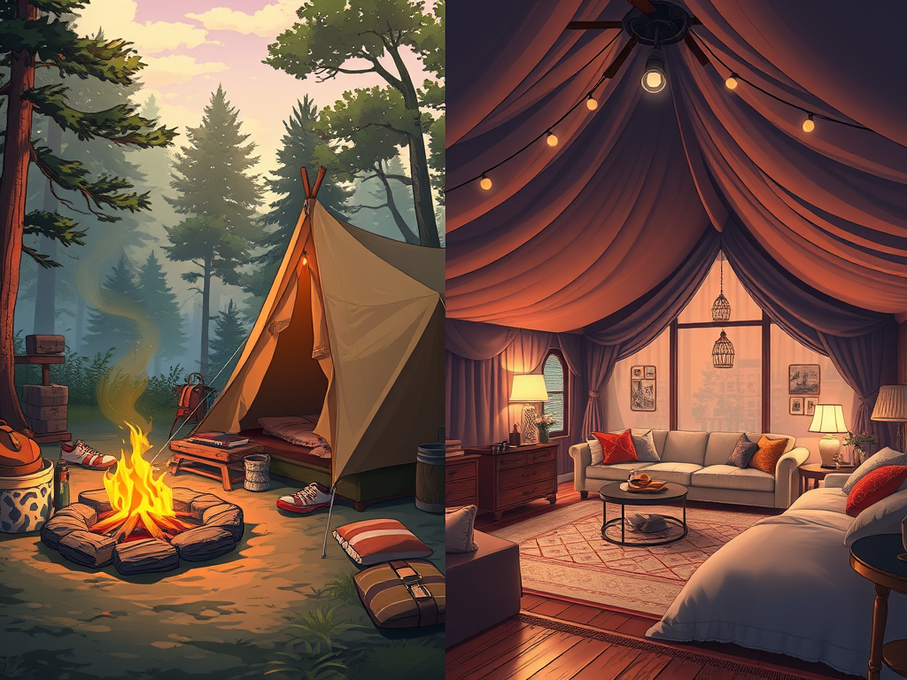 A split image contrasting traditional camping on the left with a tent, campfire, and nature, and luxurious glamping on the right featuring a cozy indoor setup with elegant decor and plush furniture.