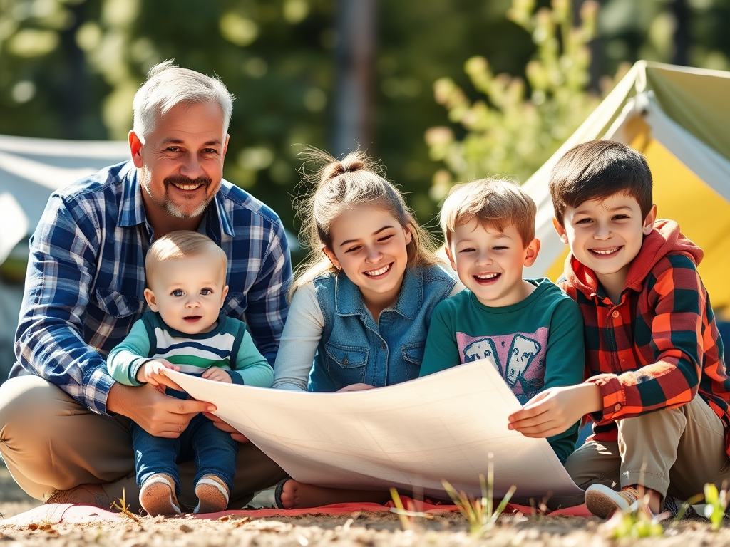 A happy family with a grandfather and four children gathered around a map at a campsite, smiling and engaging in planning their outdoor activities.