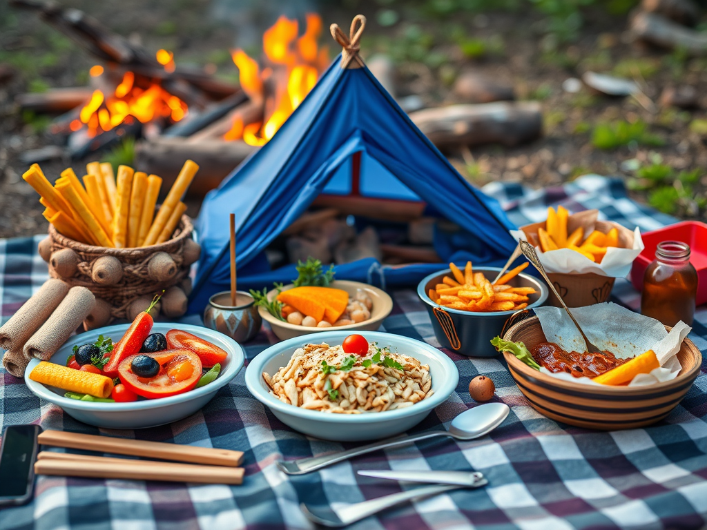 A colorful camping spread featuring plates of fresh vegetables, pasta, and snacks, set on a checkered blanket with a small blue tent and a campfire in the background.
