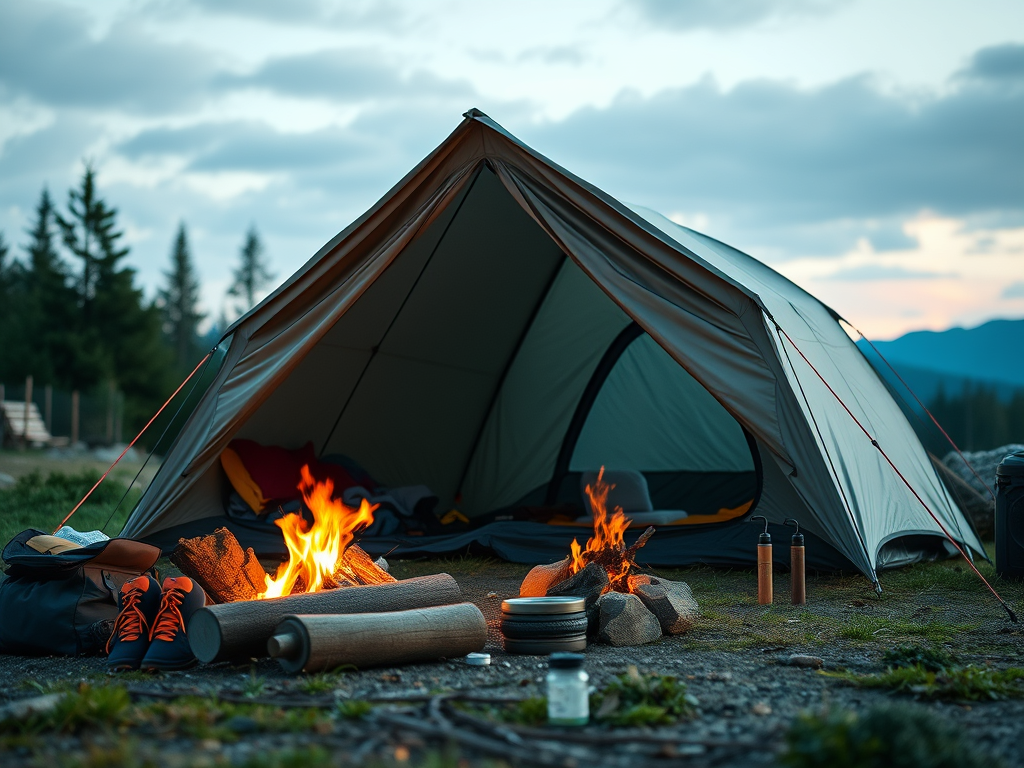 A cozy campsite with a tent set up near a campfire, surrounded by logs, backpacks, and cooking gear, with a scenic forest background.