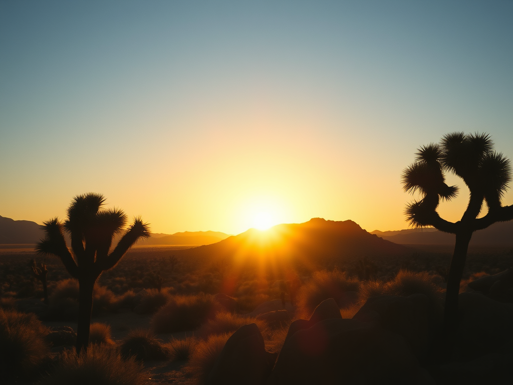 Sunrise over Joshua Tree National Park with silhouetted Joshua trees and distant mountains.