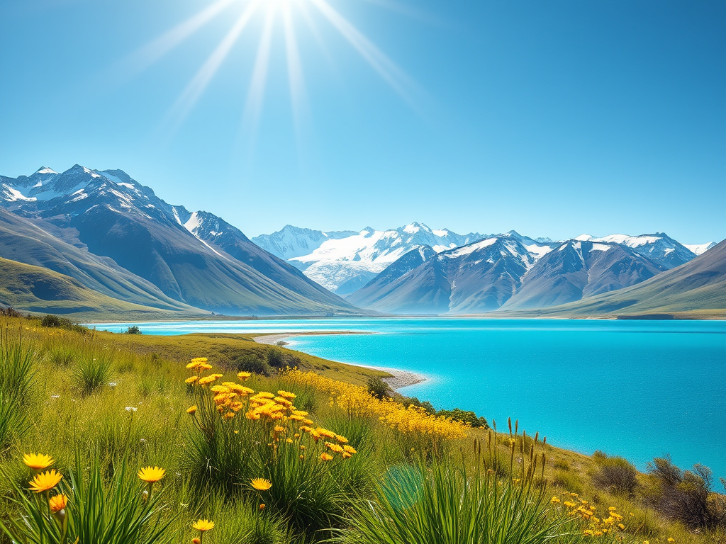 A picturesque landscape featuring snow-capped mountains surrounding a turquoise lake, with vibrant wildflowers in the foreground and a clear blue sky illuminated by bright sunlight.