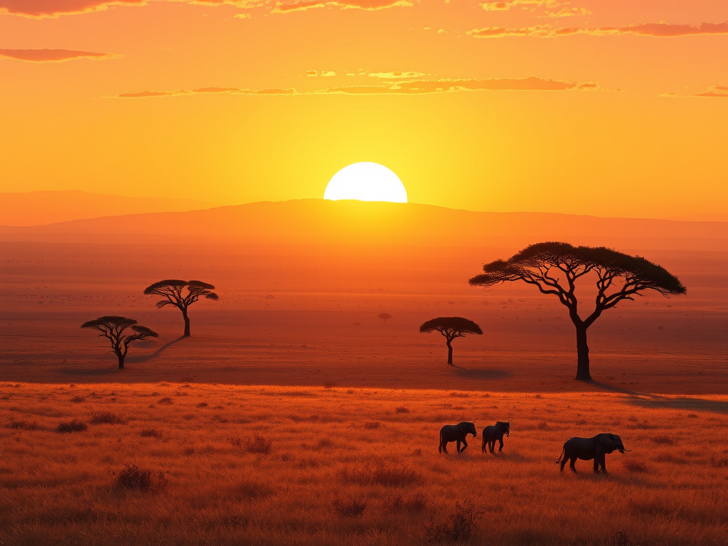 A stunning sunset over the savannah, with silhouetted trees and elephants grazing in the foreground against a vibrant orange sky.
