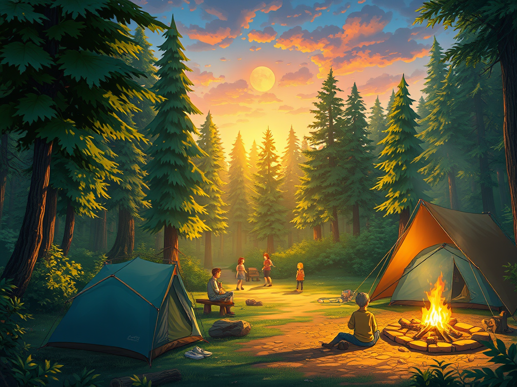 A serene camping scene featuring two tents set up in a forest clearing. People are gathered around a campfire, enjoying the warm glow of the flames under a sunset sky filled with colorful clouds.