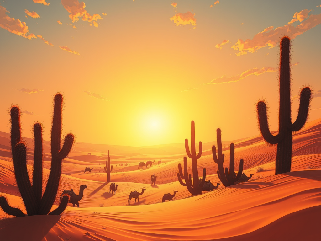 A vibrant sunset over a desert landscape featuring silhouetted cacti and camels walking through golden sand dunes.