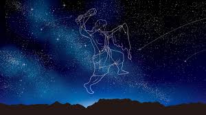 A starry night sky with a constellation depicted, showing a celestial figure holding a musical instrument, set against a dark blue background.