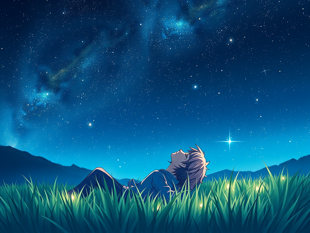 A person lying in a field of grass, gazing up at a starry night sky with a vibrant galaxy and mountains in the background.