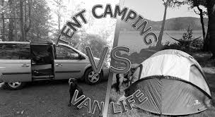 Split image comparing tent camping and van life, featuring a van on one side and a camping tent on the other, with the text 'TENT CAMPING vs VAN LIFE' prominently displayed.