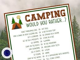 A colorful camping-themed 'Would You Rather' game sheet with various fun camping scenarios and illustrations of trees and a tent.
