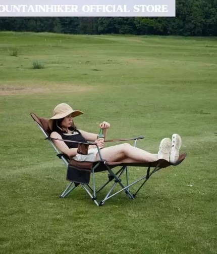 Outdoor folding lounge chair used for a comfortable rest on a nature hike.