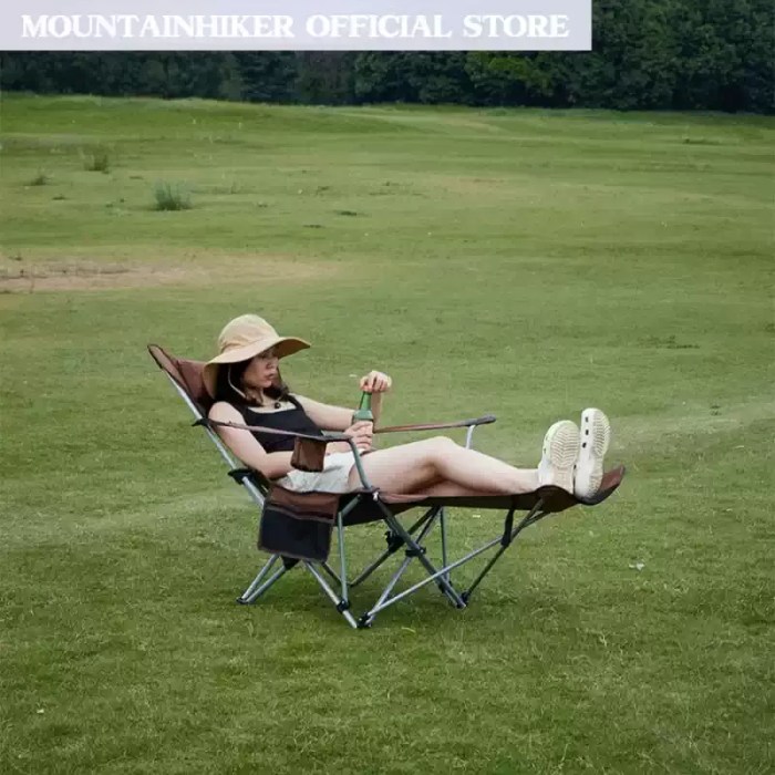 Outdoor folding lounge chair used for a comfortable rest on a nature hike.