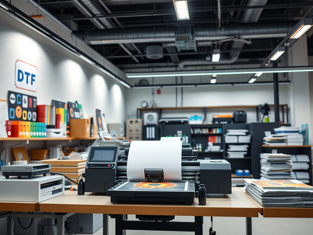 An interior view of a printing studio featuring a DTF printer in the foreground, displaying a design on the printing surface, surrounded by shelves filled with colorful folders and printed materials.