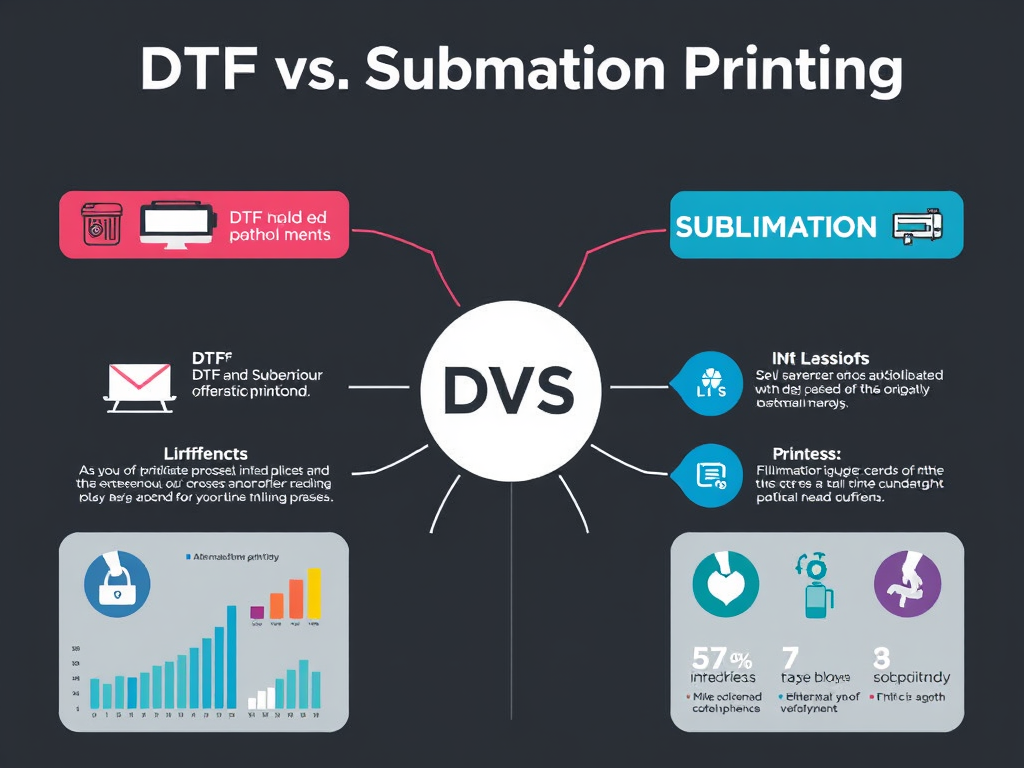 Infographic comparing DTF and sublimation printing with key features and differences highlighted.