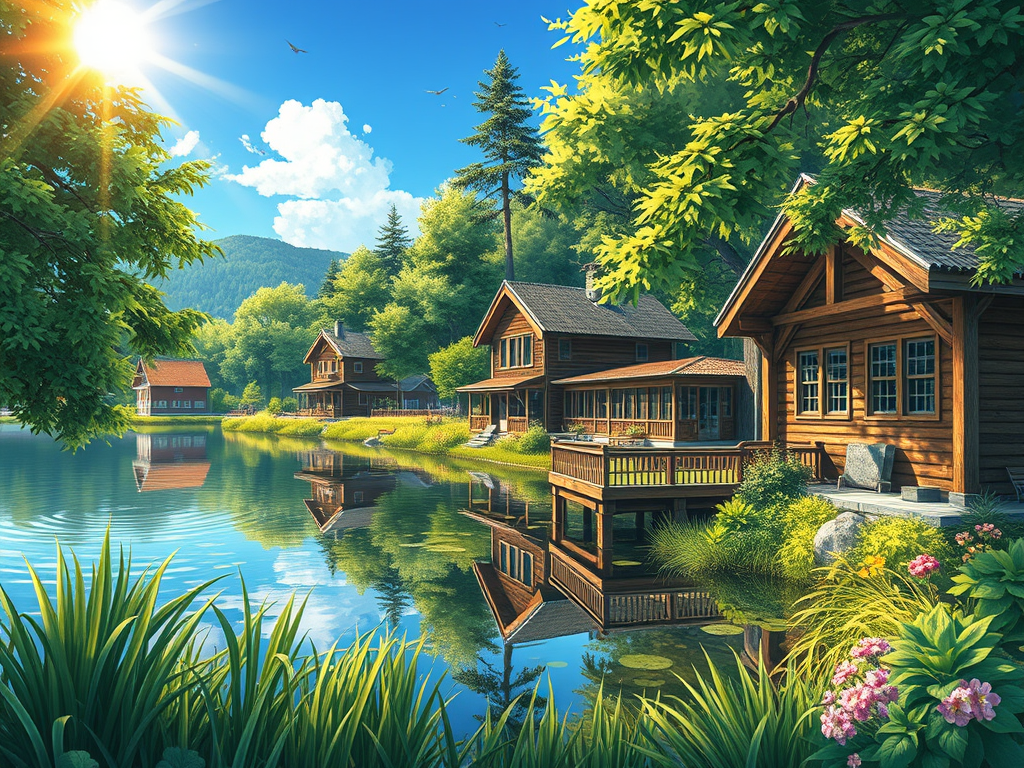 Scenic lakeside view featuring wooden cabins surrounded by lush greenery, with reflections on the calm water under a bright blue sky.