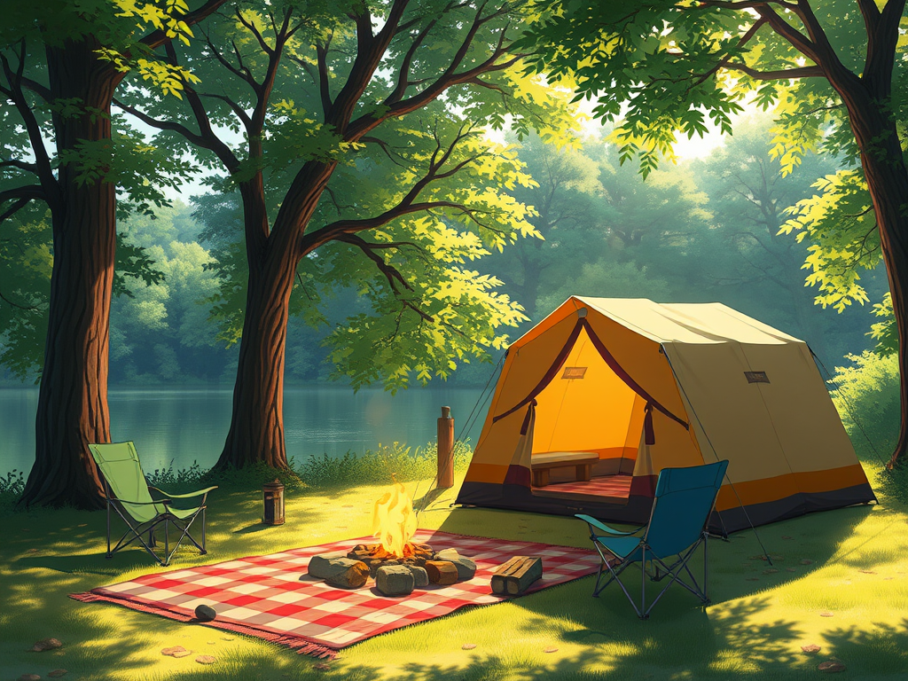 A cozy camping setup near a tranquil lake, featuring a yellow tent, green camping chairs, and a campfire surrounded by a checkered blanket and rocks, with tall trees and lush greenery in the background.