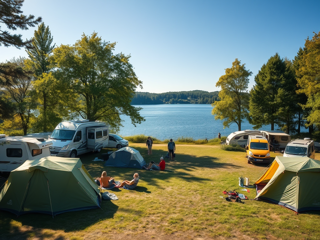 A scenic lakeside campsite with tents and campervans, surrounded by trees and calm waters, where people enjoy the outdoors and relax.