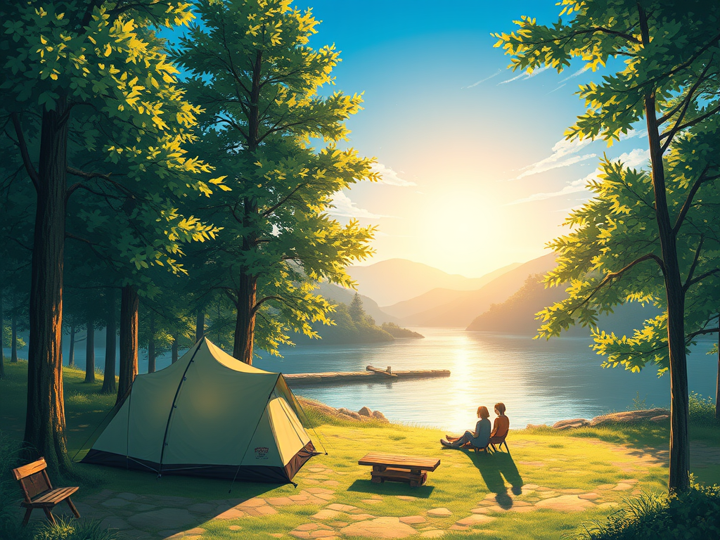 A serene lakeside campsite scene at sunrise, featuring a tent, a wooden bench, and a couple relaxing by the water, surrounded by lush trees and mountains in the background.
