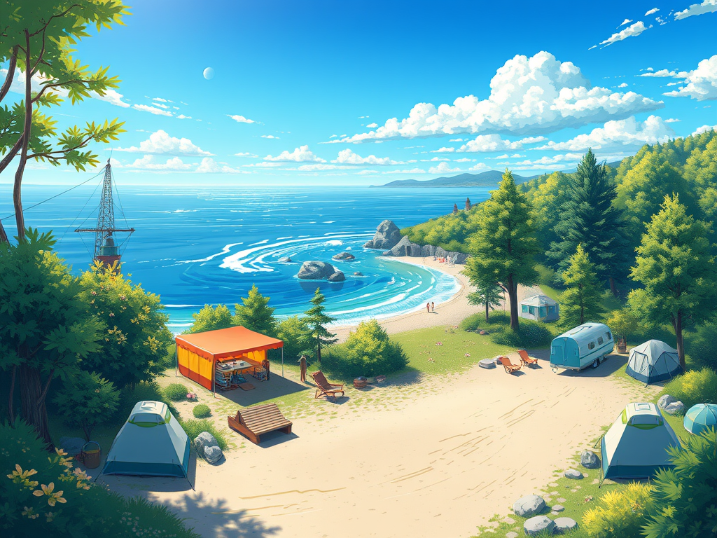 A serene lakeside campsite with tents and a campervan, surrounded by lush greenery and a sandy beach under a clear blue sky.