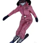 Woman skiing in a pink insulated one-piece ski suit