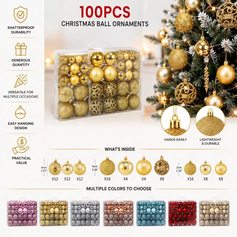 A 100-piece set of gold Christmas ball ornaments in a clear storage box, shown hanging on a festive tree.