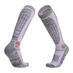 Grey knee-high thermal ski socks with blue support panels