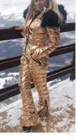Gold Metallic Ski Jumpsuit Woman wearing a gold metallic one-piece ski jumpsuit