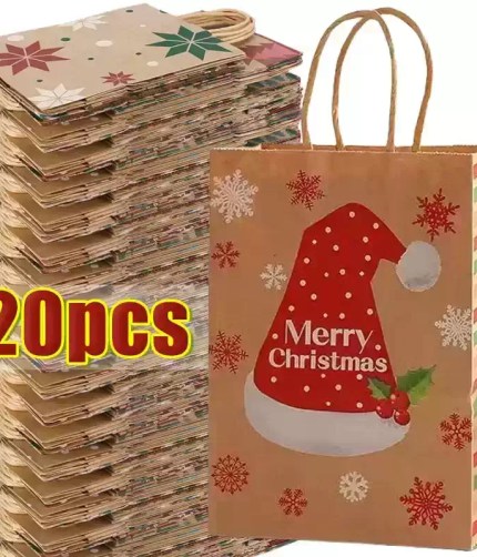 Pack of 20 Christmas gift bags with handles featuring a red Santa hat and snowflake design.