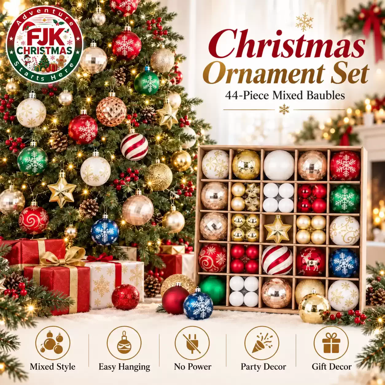 4-piece Christmas ornament set with mixed red, gold, green, blue and white baubles for tree, party and gift decoration.