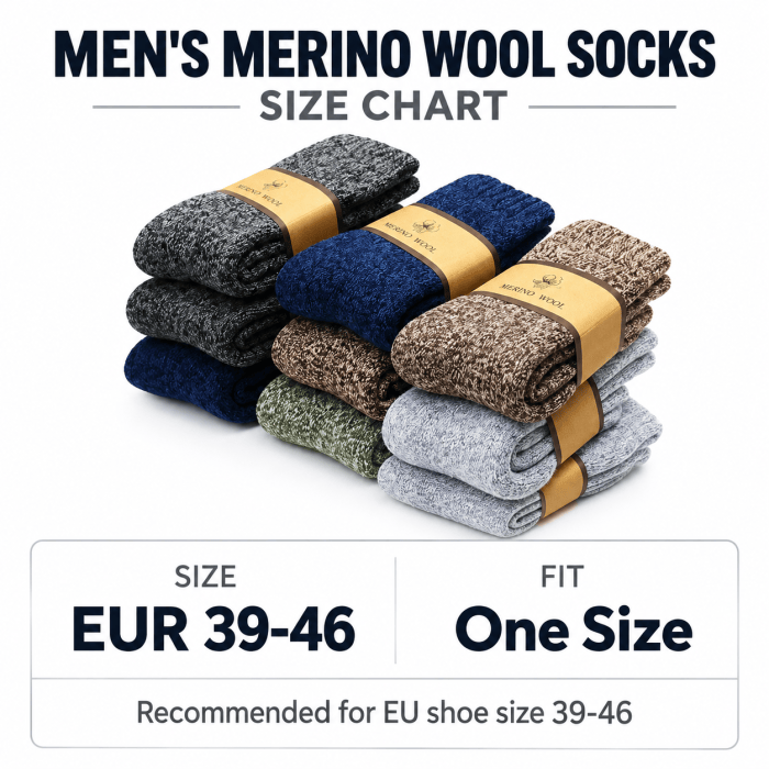 Men’s Merino Wool Socks Size Chart Men’s merino wool socks size chart showing one-size fit for EU shoe sizes 39–46 in assorted colours