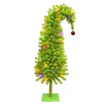 Pre-lit crooked tip green Christmas tree with hanging red ornament.