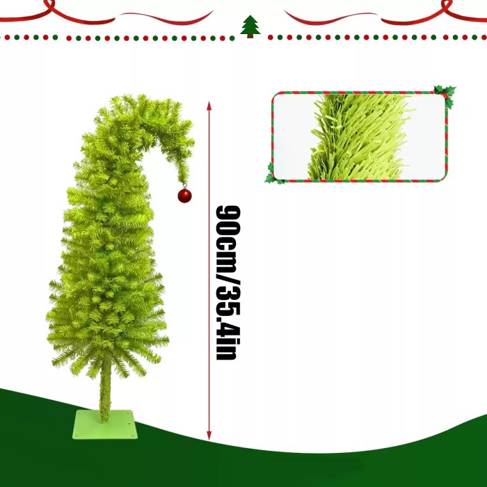 Whimsical crooked Christmas tree with 90cm height dimension diagram.
