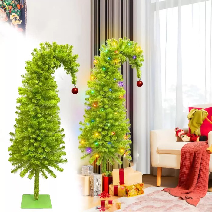 Lit and unlit 90cm crooked artificial Christmas tree with gifts.