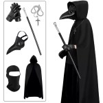 Plague Doctor mask, cloak, gloves, staff, and accessories.
