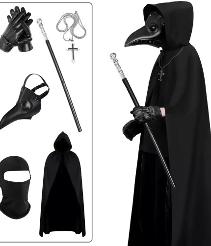 Plague Doctor mask, cloak, gloves, staff, and accessories.