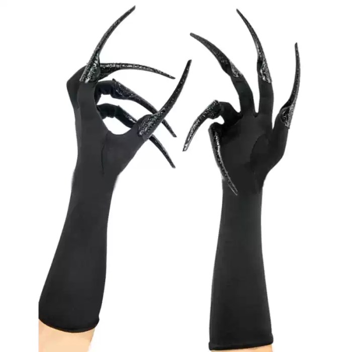 Pair of black cosplay gloves featuring long pointy monster claws.