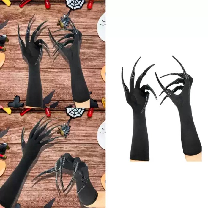 Collage showing different views of long black claw gloves.