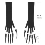Size chart for long black Halloween claw gloves and fingernails.