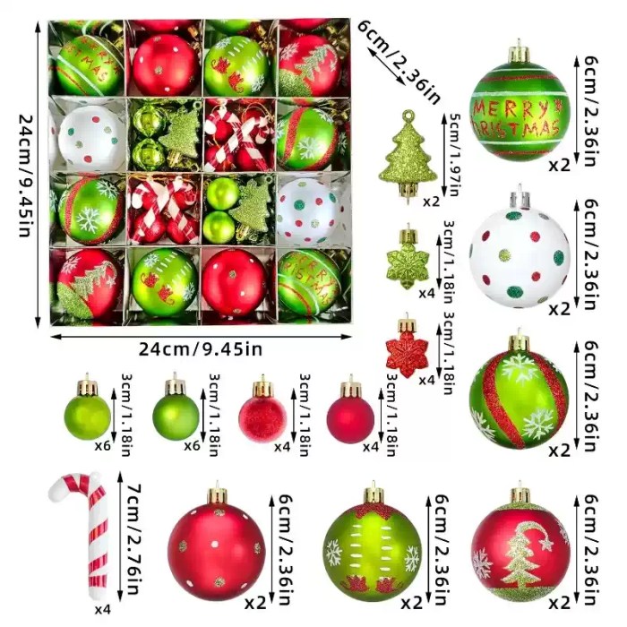 Christmas tree ornament set dimensions diagram with various bauble sizes.